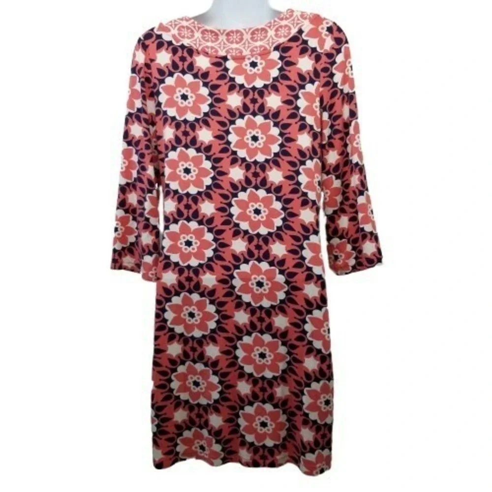 Boden 6 Dress Pink White Retro Floral Notch Collar‎ Stretch Jersey Coquette